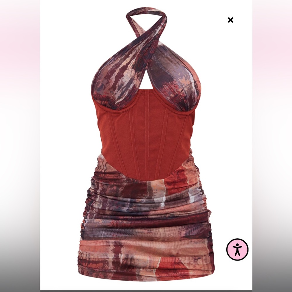 FREE w/ PURCHASE NWT PrettyLittleThing Brown Printed Halterneck Corset Dress